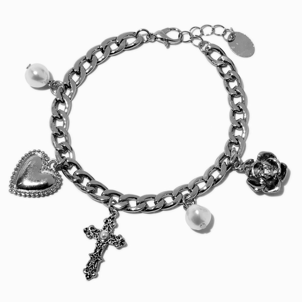 NWOT Silver-tone Cross, Heart, Rose & Pearl Charm Bracelet